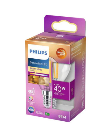 E14 - Philips Warm Glow LED Krone Pære - Klar - 4.5W - 470lm - CRI:90+