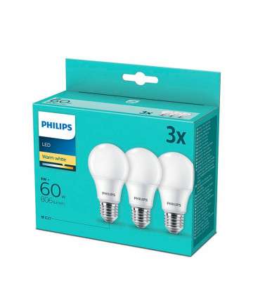 E27 - Philips LED Pære 8W - 806lm 3-pak
